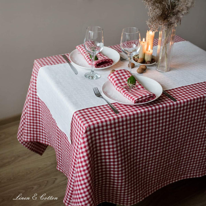 Linen & Cotton Tischdecke Tischtuch Tischwäsche Kariert im Landhausstil Estella - 100% Leinen, Weiss