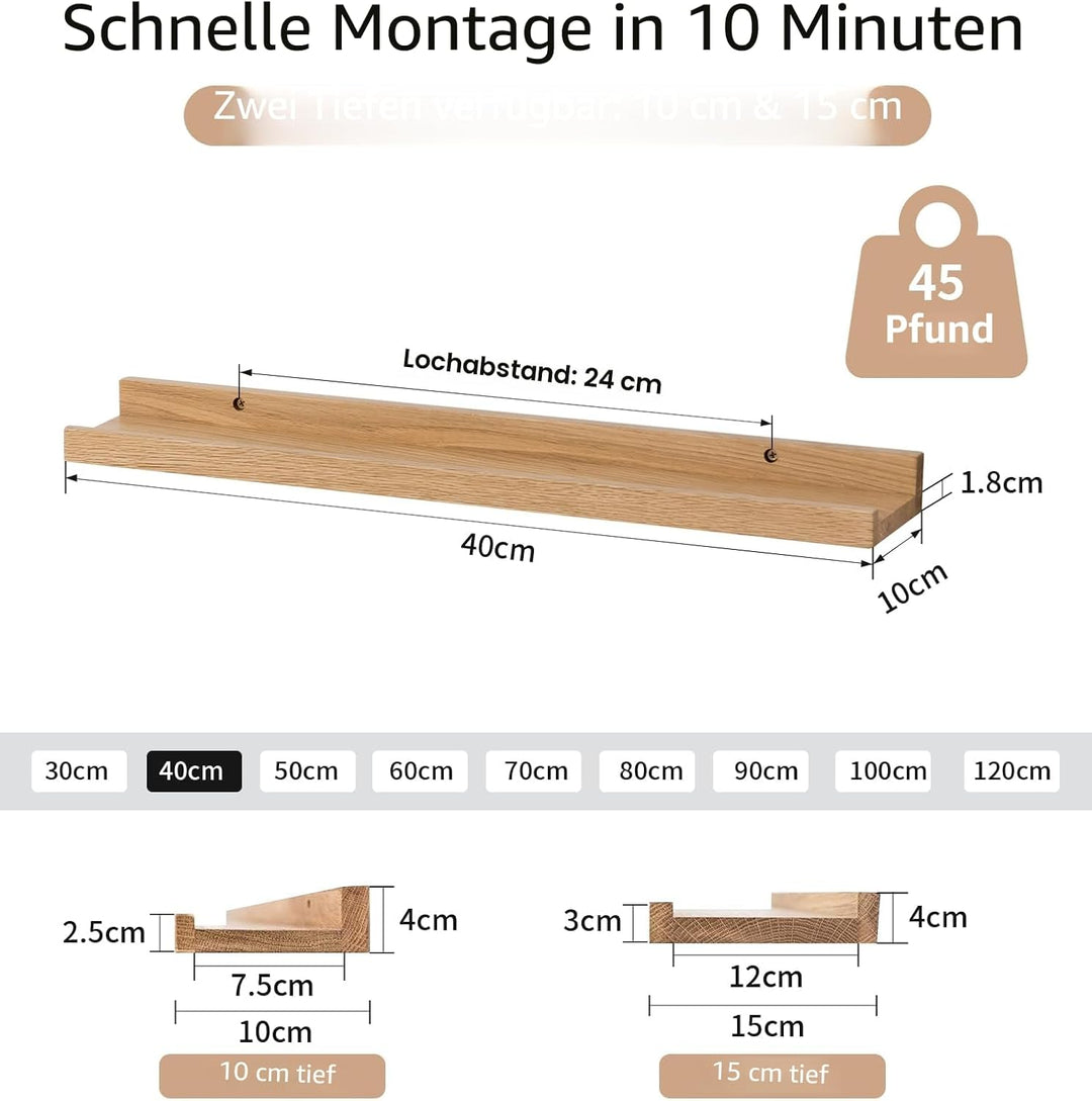 Bilderleiste Holz, 40cm Eiche Wandregal Holz Regal Massiv Schweberegal Wandregal gewürzregal regalbr