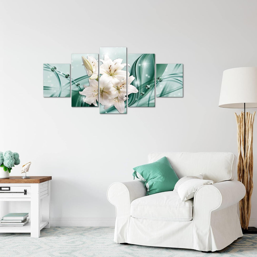 Runa Art Wandbilder Blumen Lilien 5 Teilig Bild auf Vlies Leinwand Deko Wohnzimmer Abstrakt Grün 017