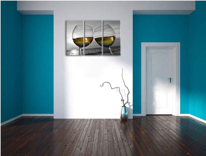 Wein in Gläsern am Meer schwarz/weiss 3-Teiler Leinwandbild 120x80 Bild auf Leinwand, XXL riesige Bi