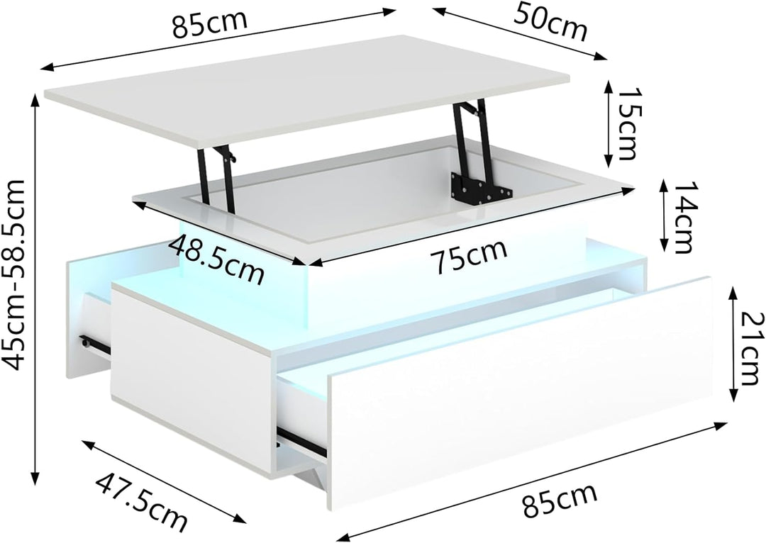 Couchtisch Höhenverstellbar Weiss Hochglanz, Couchtisch Aufklappbar mit Stauraum Modern, Wohnzimmert