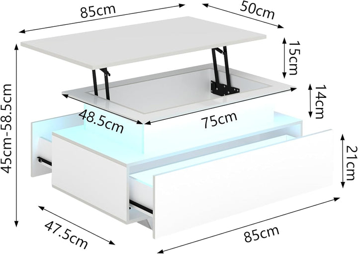 Couchtisch Höhenverstellbar Weiss Hochglanz, Couchtisch Aufklappbar mit Stauraum Modern, Wohnzimmert