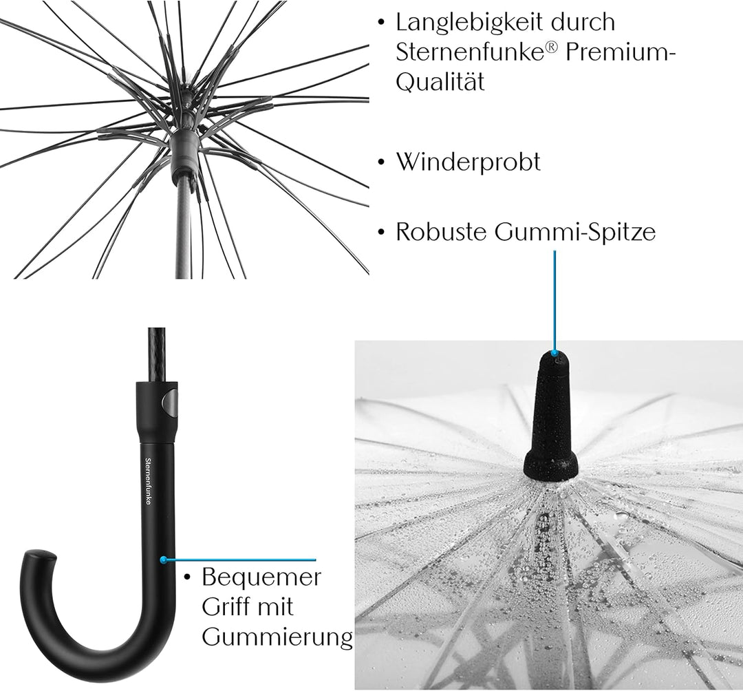 Sternenfunke Regenschirm transparent gross XXL Ø110 cm 16-Rippen Komfort-Druckknopf | Durchsichtiger