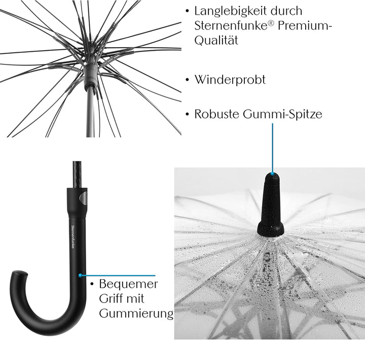 Sternenfunke Regenschirm transparent gross XXL Ø110 cm 16-Rippen Komfort-Druckknopf | Durchsichtiger