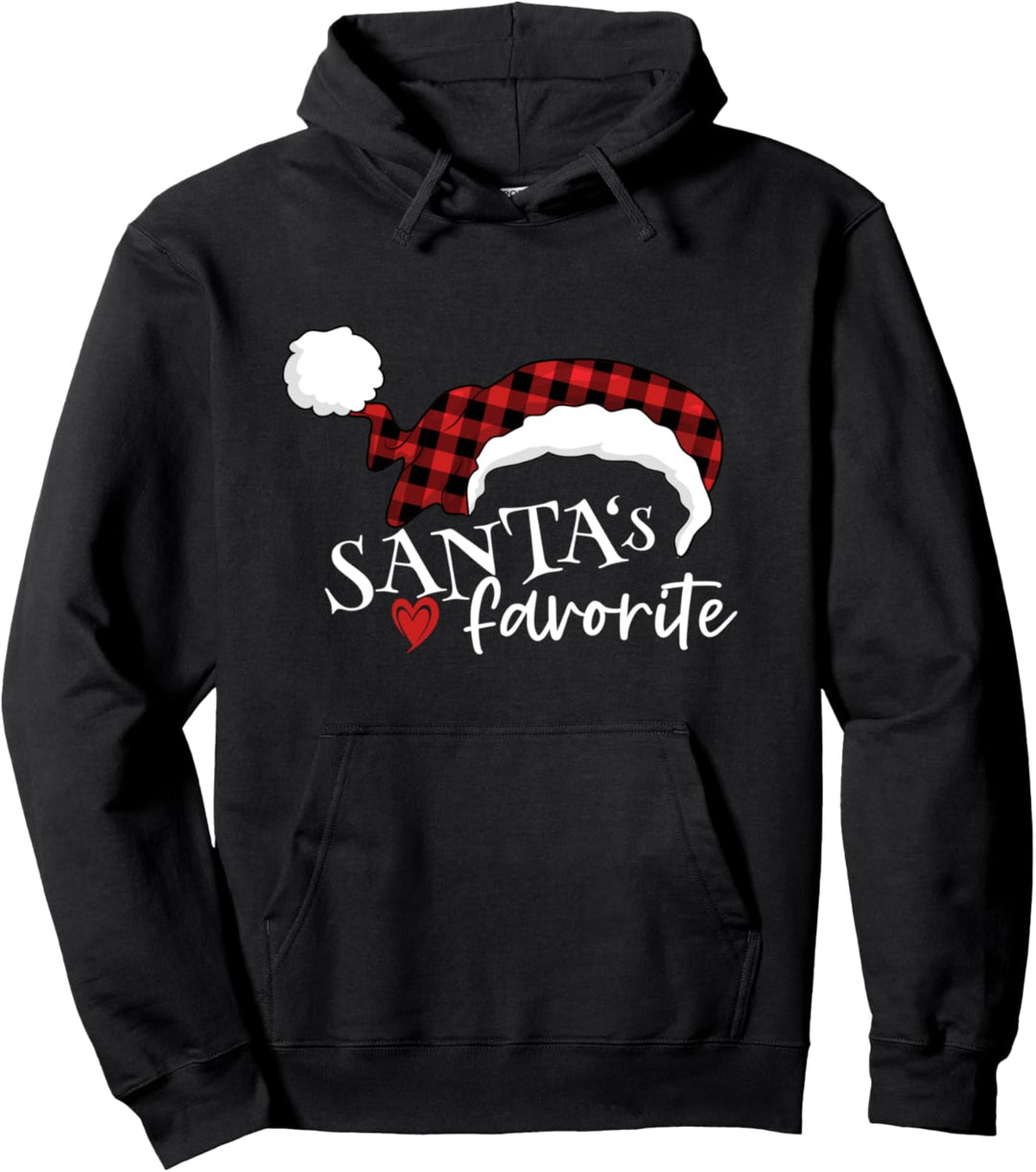Santa's Favorite in Red Buffalo Plaid Santa Hat Toboggan Pullover Hoodie