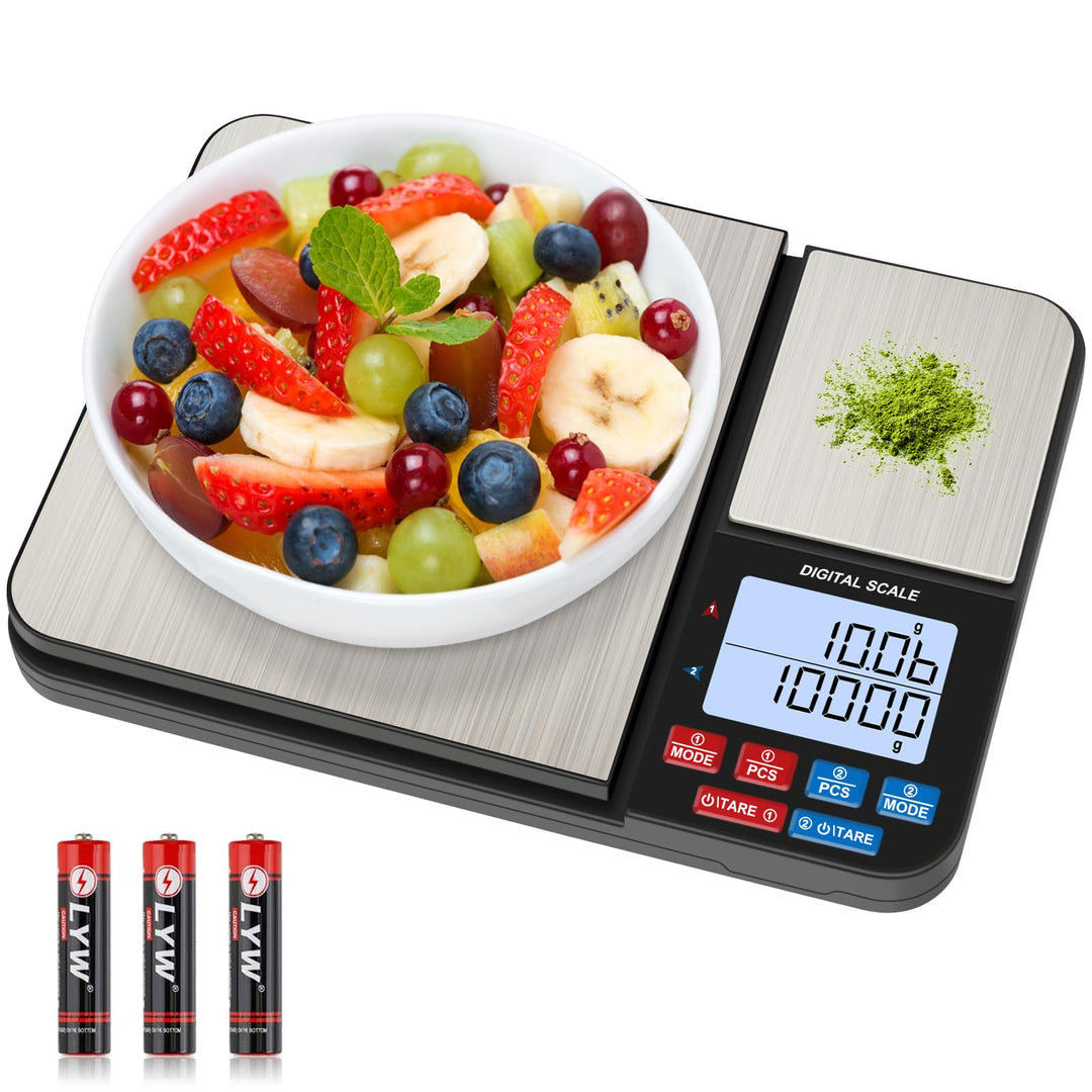 Diyife Küchenwaage mit 2 Plattformen 10kg/1g & 500g/0.01g, Doppelfunktion Digitale Küchen Feinwaage