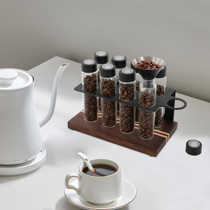 8 Tuben Kaffeebohnen Behälter, Einzeldosis kaffeedose mit Ständer und Trichter, Espressobohnen-Aufbe