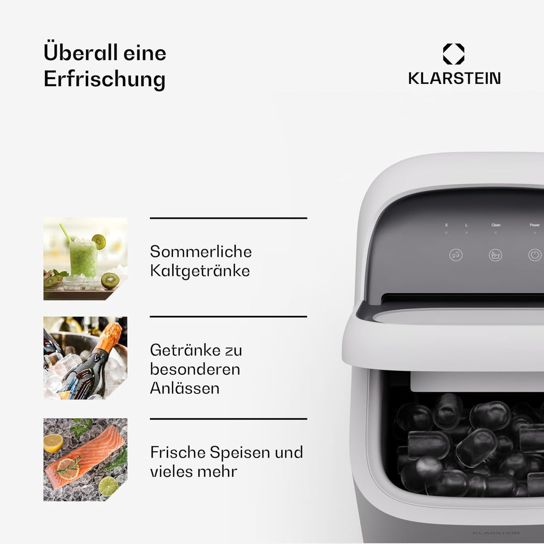 Klarstein SparkIce Eiswürfelmaschine, 15 kg/Tag, Eiswürfel in 6 Min., Touchpad, 2 Eiswürfelgrössen,