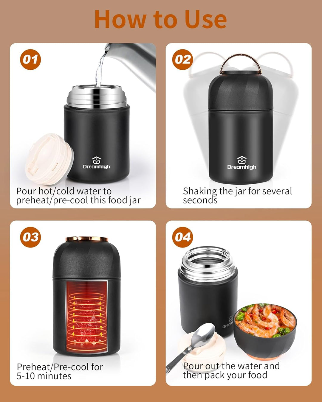Dreamhigh® Thermobehälter für Essen 850 ml, Edelstahl Warmhaltebehälter Essen mit Griff, Thermoskann