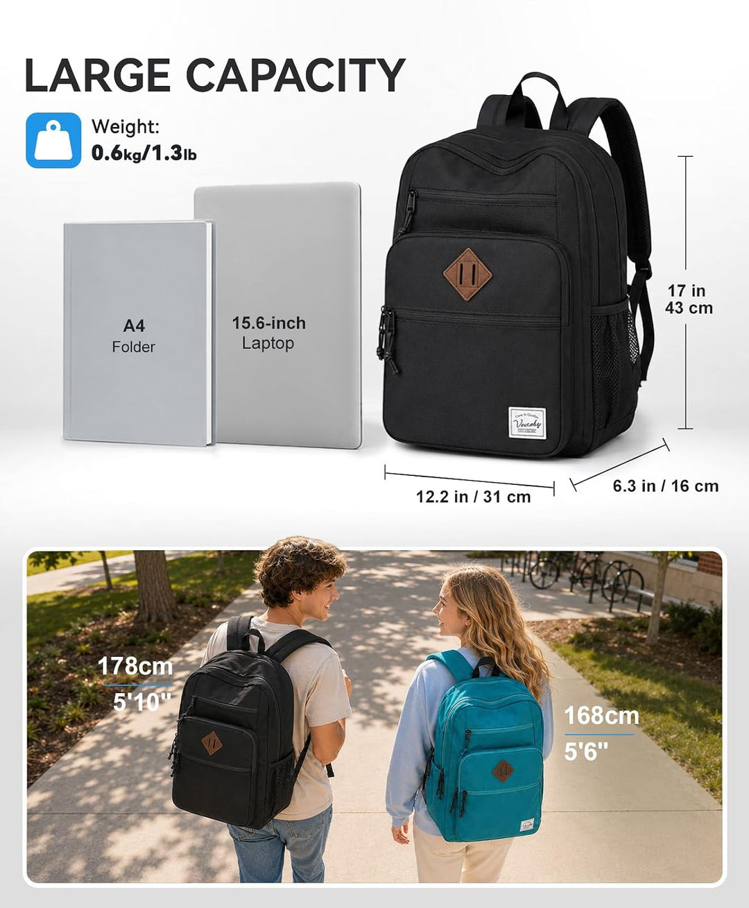 Rucksack Herren Dame, VASCHY Schulrucksack Teenager Kinder 21L Handgepäck, Schwarz-version 2.0