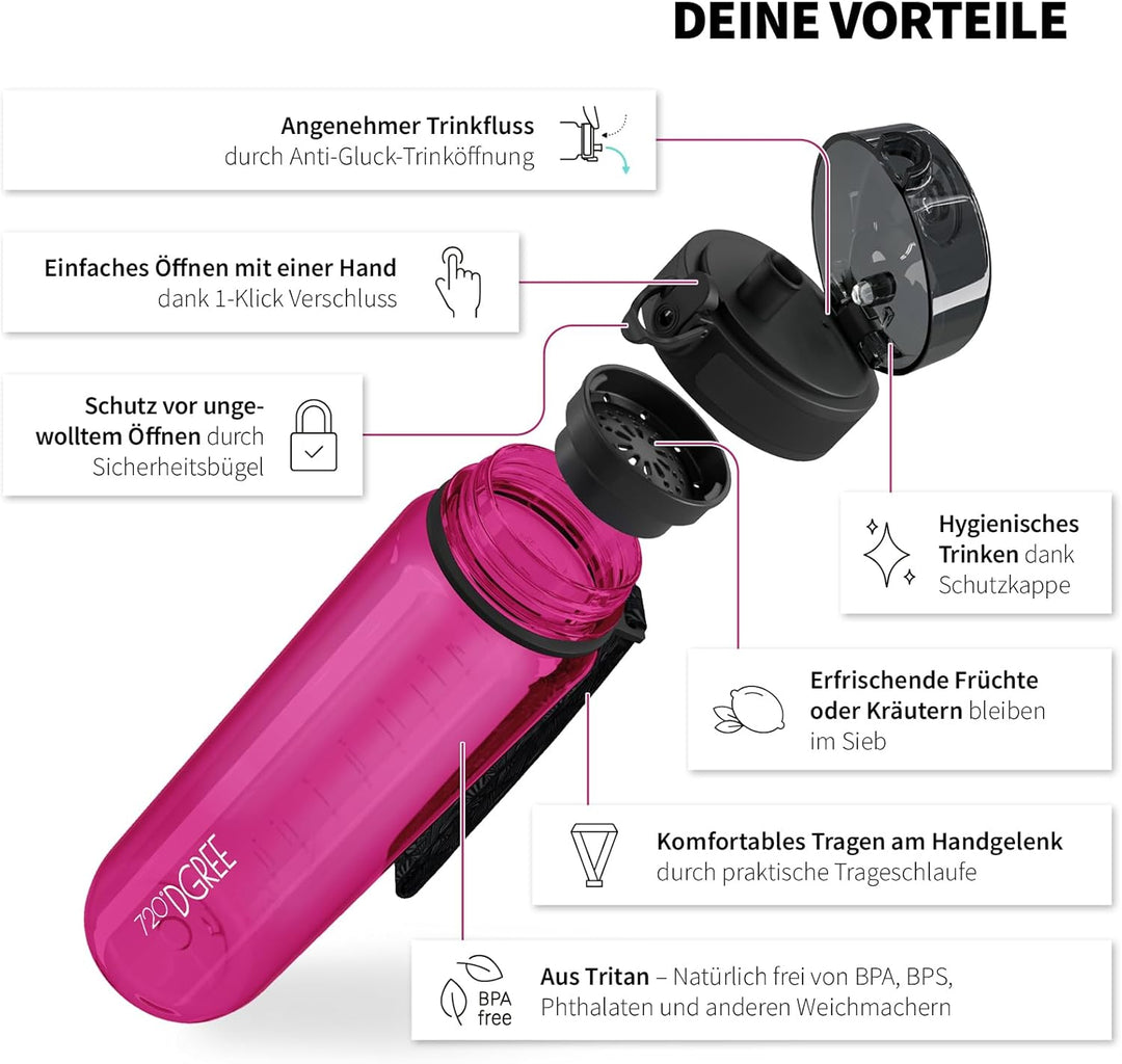 720°DGREE Trinkflasche 650ml “uberBottle“ crystalClear +Sieb - BPA-Frei - Auslaufsichere Wasserflasc
