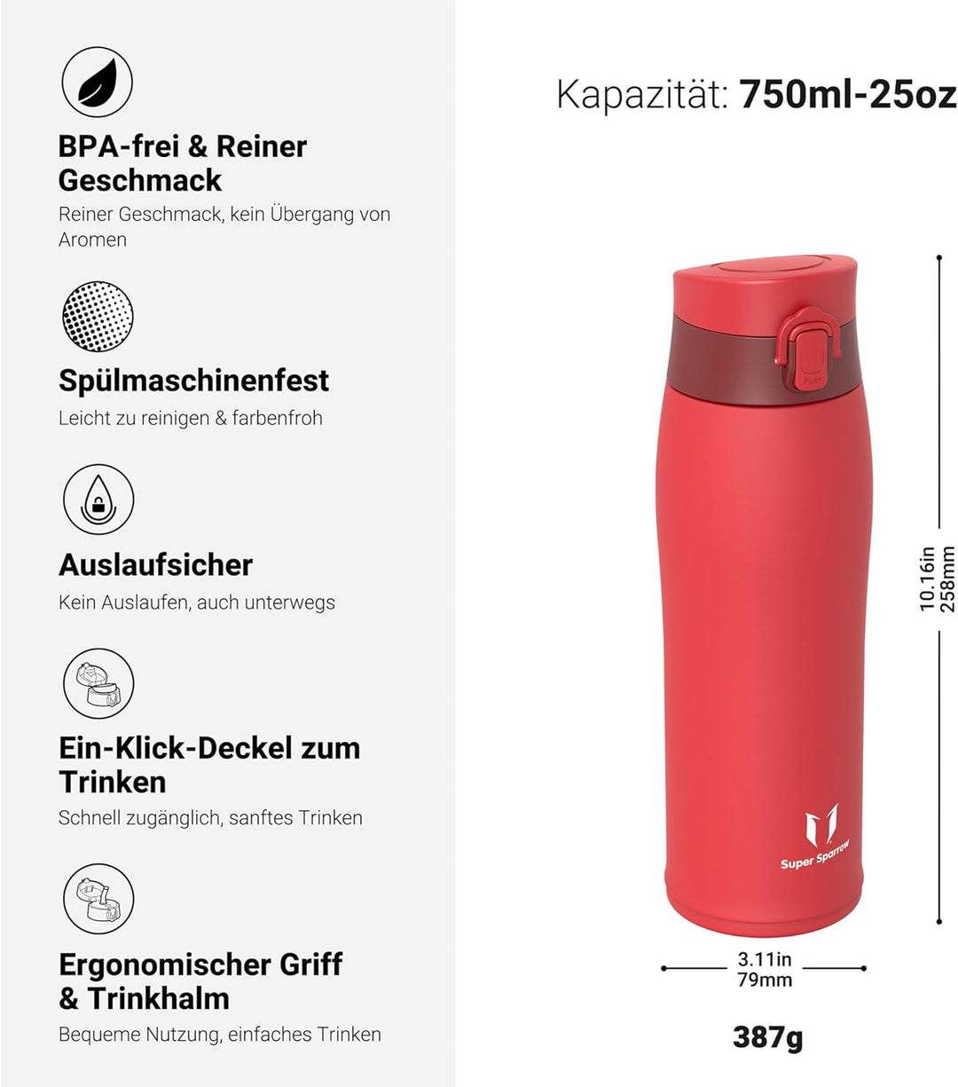 Super Sparrow Trinkflasche Edelstahl 18/8 - Trinkbecher - 750ml - BPA-Frei, Auslaufsicher Thermobech