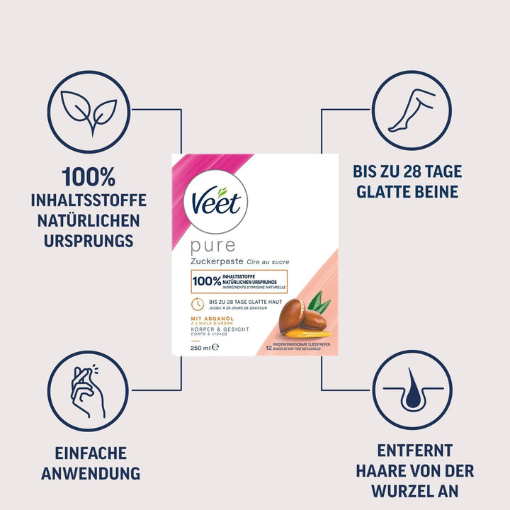 Veet Sugaring Zuckerpaste mit Arganöl zur Haarentfernung für spürbar glatte Haut für bis zu 4 Wochen