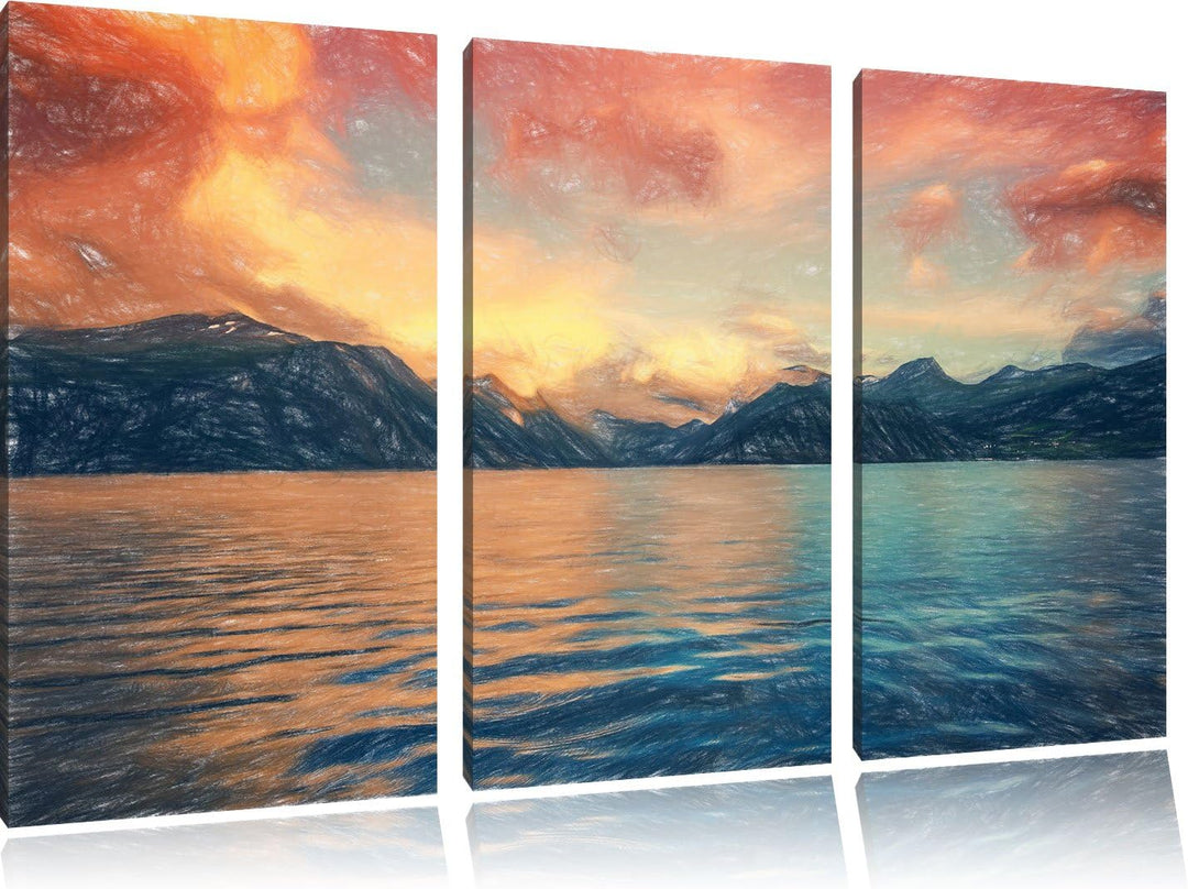Pixxprint eine schöne Landschaft im Norden Kunst Buntstift Effekt 3-Teiler Leinwandbild 120x80 Bild