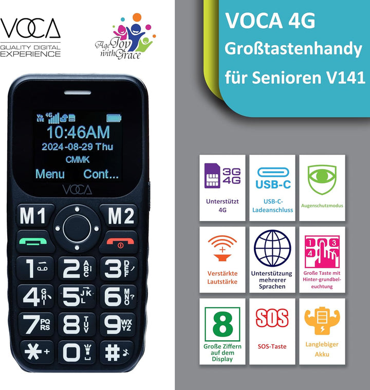 VOCA 4G-Telefon mit grossen Tasten für Senioren | Entsperrtes 4G LTE | Verstärkte Lautstärke | SOS-T