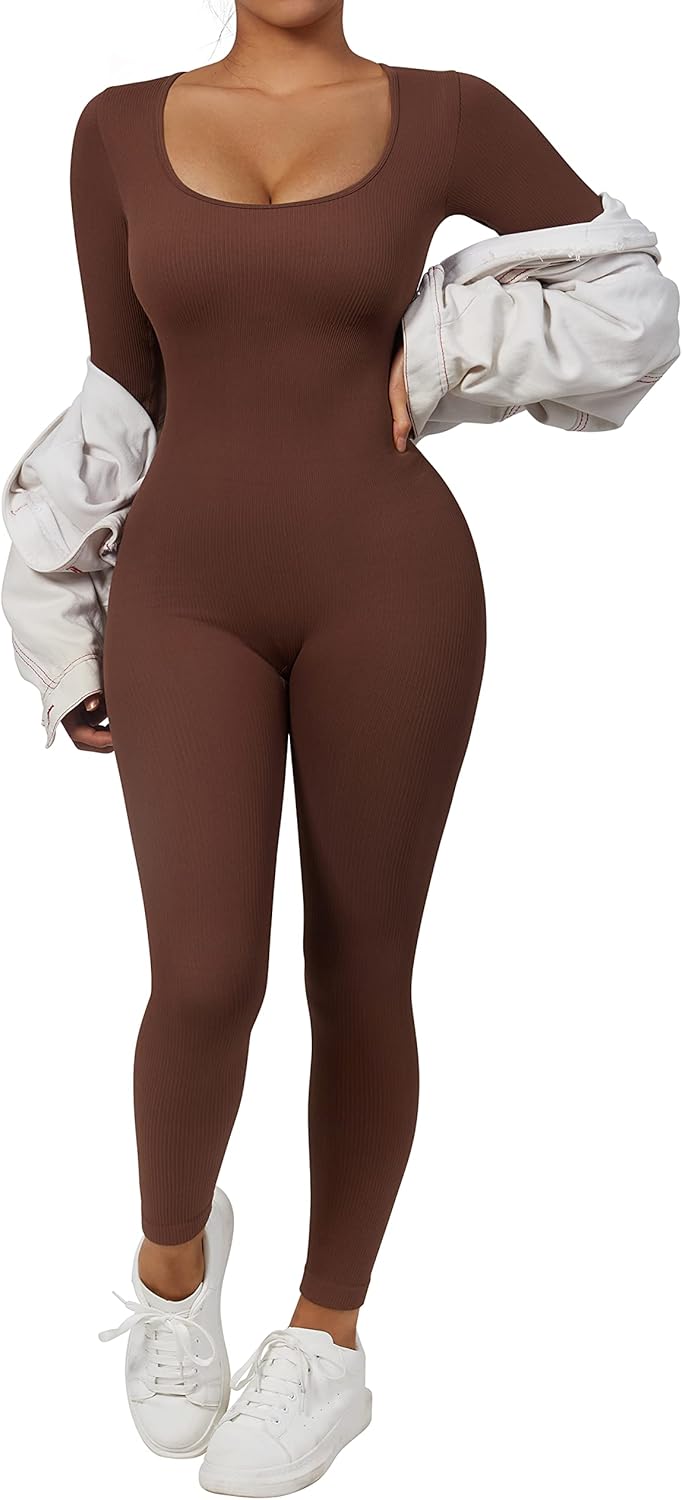 RXRXCOCO Gerippte Langarm Jumpsuits Damen Eng Square Neck Einteiler Bauchweg Sport Yoga Overall Romp