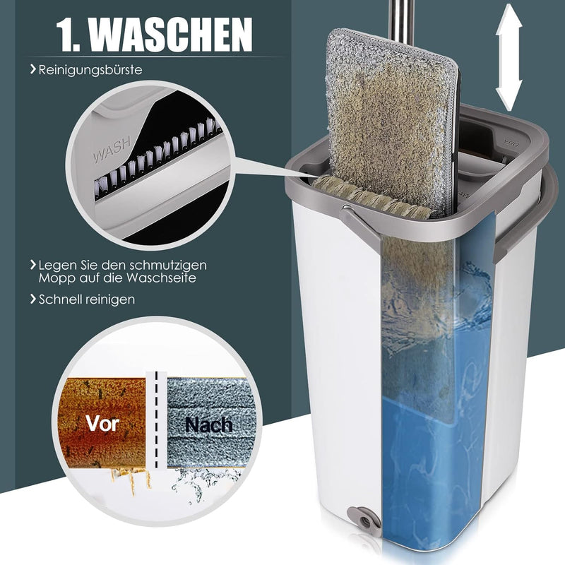 Myiosus Wischmopp Set mit Eimer, Putzeimer mit Wischmop, Bodenwischer mit Auswringfunktion, 10 Mikro