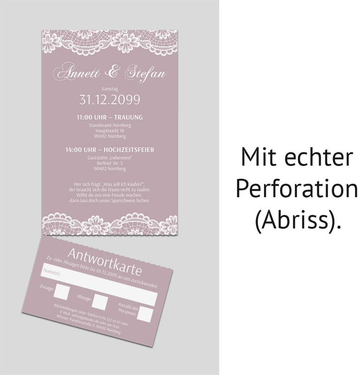 Kartenmachen.de Personalisierte Hochzeitseinladungen mit Antwortkarte (ab 10 Stück) - Spitze in Lila