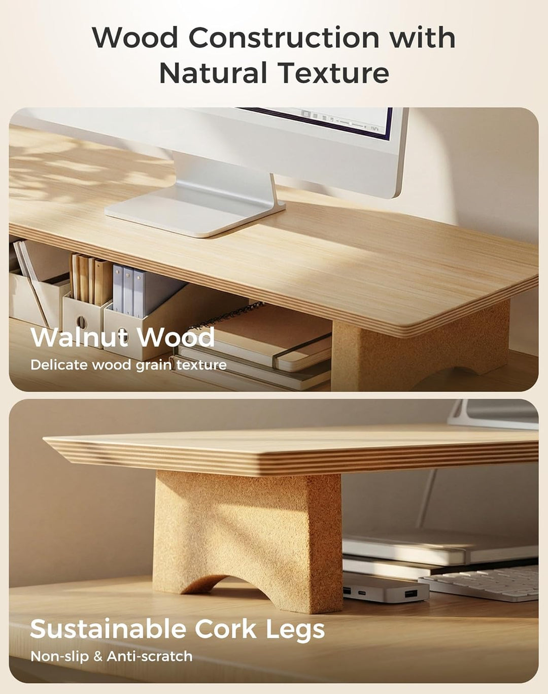 Aothia Grosser Monitor-Ständer für Computerbildschirme,Holz-Riser mit nachhaltigen Korkblockbeinen f