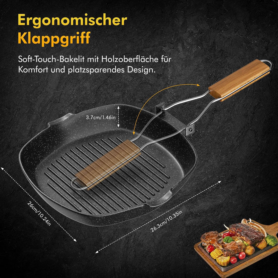 Grillpfanne Induktion gerillt, 24 x 24 cm steinbeschichtet Antihaft-Pfanne Feuerpfanne, Pfanne Induk