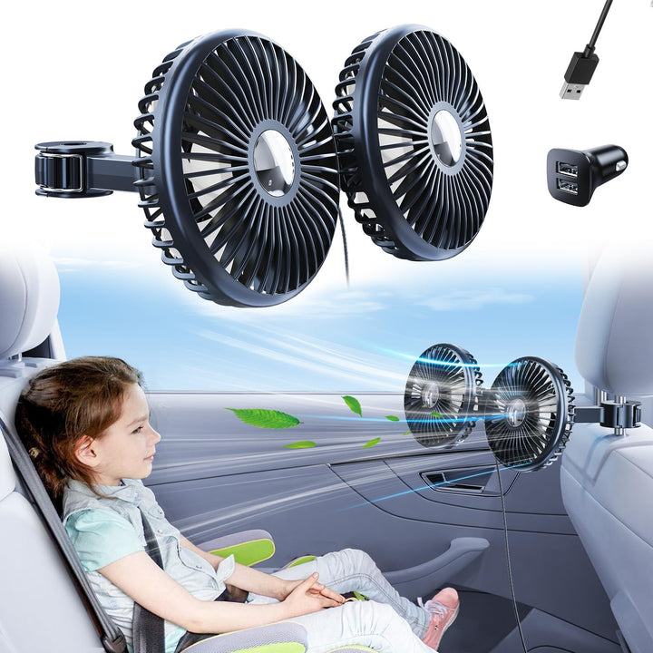 USB Ventilator Auto für Rücksitz mit 360° drehbardrehbar | Getrennte Steuerung, 5V/2A USB, geeignet