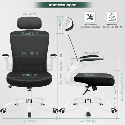 KERDOM Bürostuhl Schreibtischstuhl Ergonomisch, Chefsessel mit Verstellbarer Kopfstütze, Armlehnen,