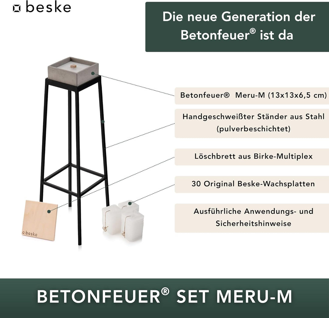 Original Betonfeuer Set inkl. Ständer Löschbrett und Nachfüllwachs | Pulverbeschichteter Ständer | H