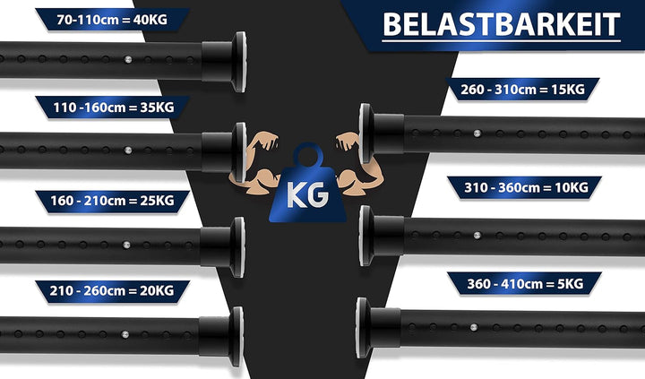 MEISENBERG Gardinenstange ohne Bohren 210-260cm, Ø32mm Matt Schwarz belastbare Klemmstange zum Auszi