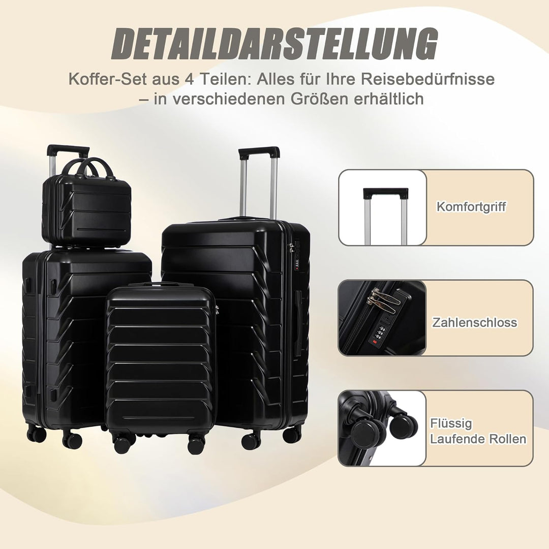 Hartschalen-Koffer Trolley Handgepäck Rollkoffer, Reisekoffer Set mit 4 Rollen, 4er Gepäckset Schwar