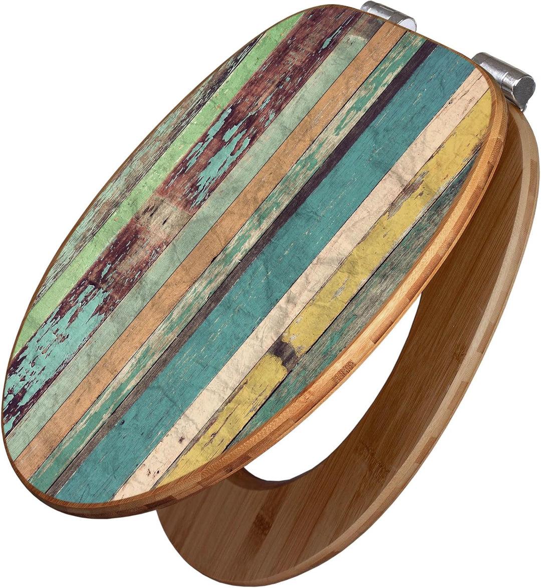 banjado® Design WC Sitz Bambus Absenkautomatik mit Motiv Bunte Bretterwand/Toilettendeckel mit Absen