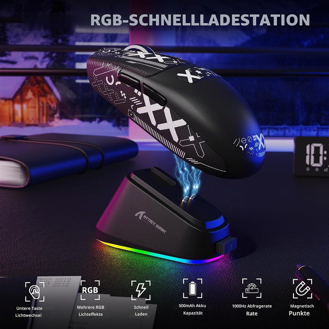 MAMBASNAKE x ATTACK SHARK G3PRO Gaming-Maus mit Magnetischer Ladestation, BT/2.4G Wireless/Kabel, Pi