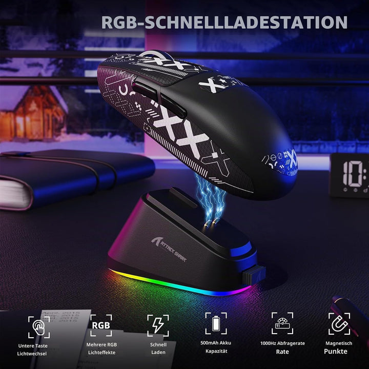 MAMBASNAKE x ATTACK SHARK G3PRO Gaming-Maus mit Magnetischer Ladestation, BT/2.4G Wireless/Kabel, Pi