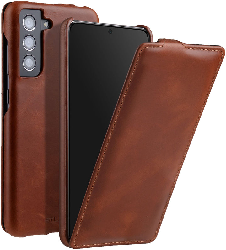 STILGUT UltraSlim kompatibel mit Samsung Galaxy S21 FE 5G Hülle - Samsung S21 FE Flip Case aus Leder