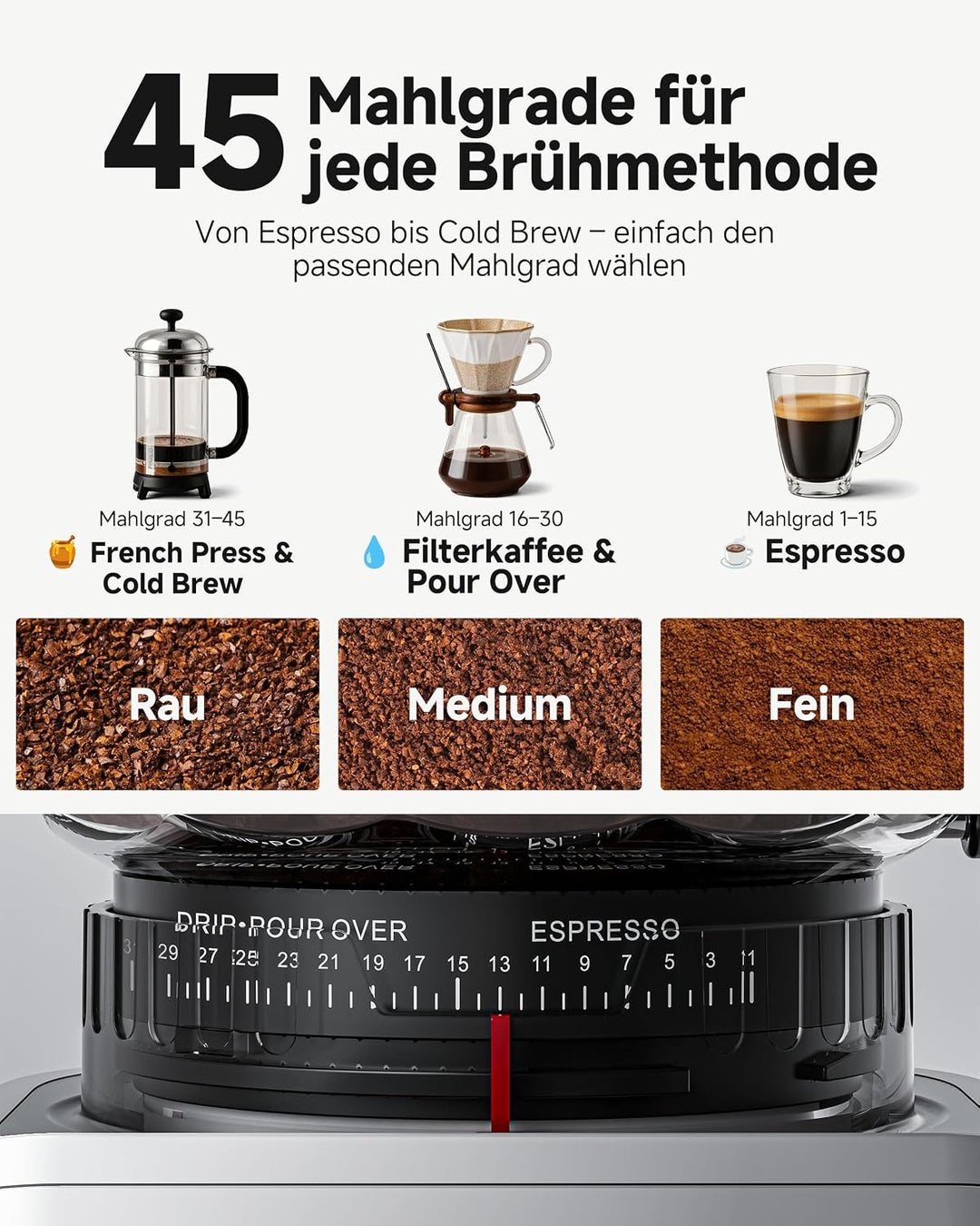 AAOBOSI Kaffeemühle Elektrisch, 45 Mahlgrade, 40 mm Edelstahl-Kegelmahlwerk Black&amp;silver, Black&amp;silv
