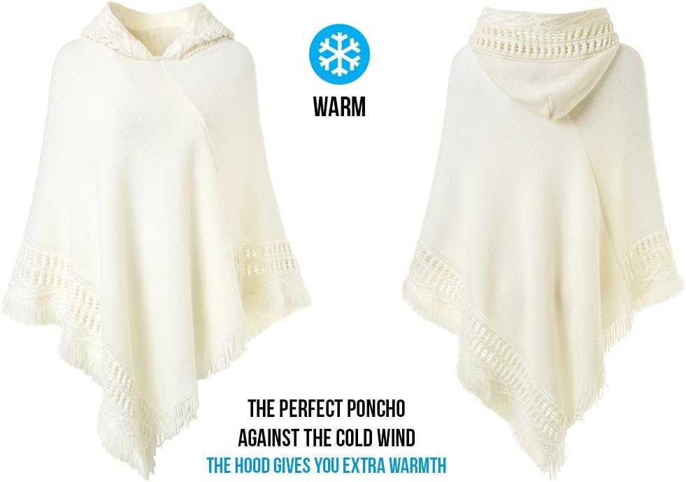 Ferand Damen Poncho mit Kapuze und gehäkeltem Cape mit Fransensaum für Herbst Winter Einheitsgrösse