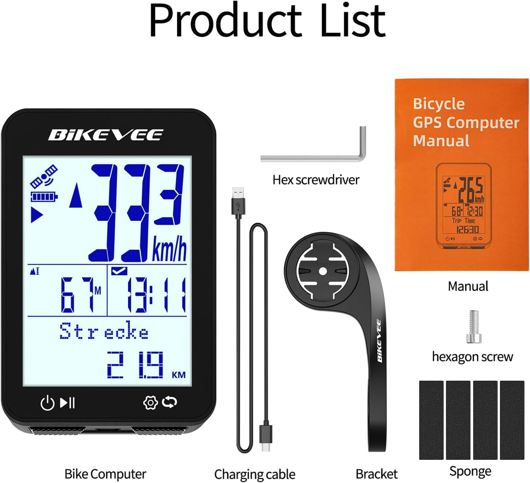 GPS Fahrradcomputer Kabellos IPX7 Wasserdicht 2.4'' FSTN Display 28H Akku Schwarz-B【Verlängerte Fron