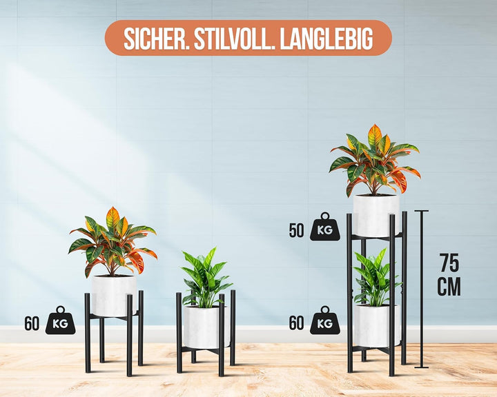 2er-Set Pflanzenständer Metall – Verstellbar 20–30 cm, stapelbar als 2-Etagen Blumenständer, Schwarz