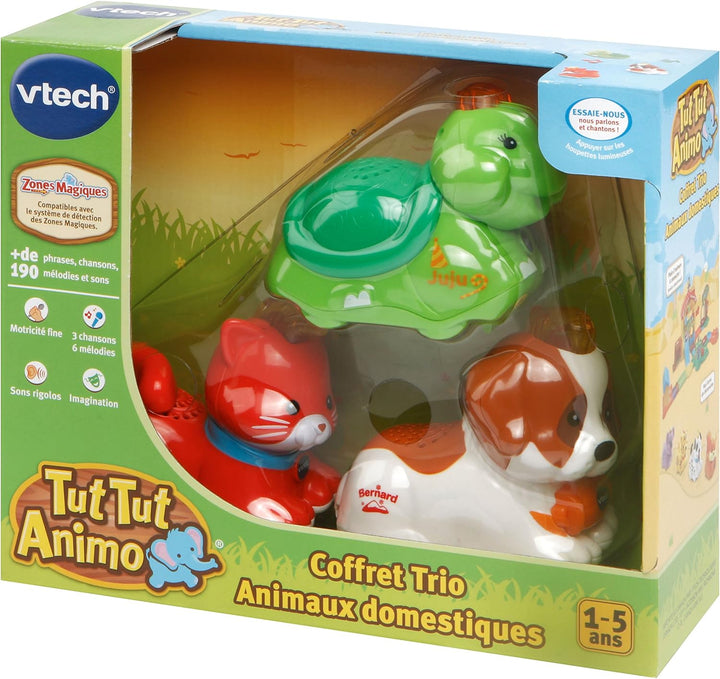 VTech - TUT TUT Animo, Trio-Box, 3 interaktive rollende Tiere, Katze, Schildkröte und Berghund, musi