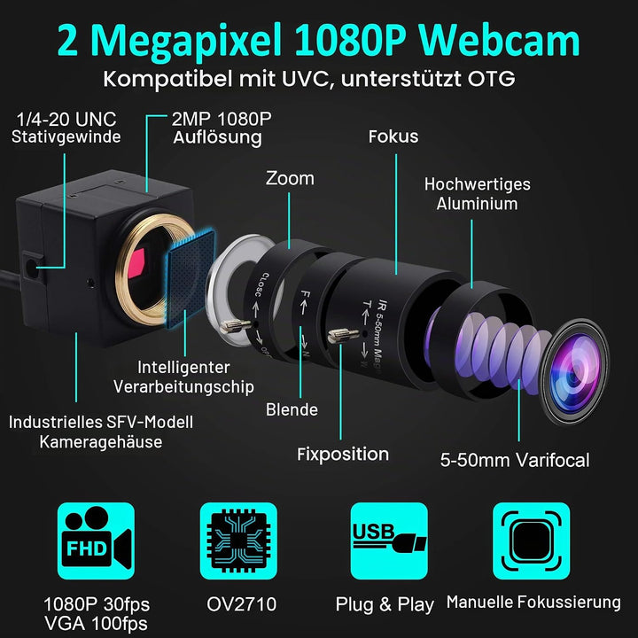 ELP 1080P USB Kamera 5-50mm 10-Fach optisches manuelles Zoomobjektiv, 2 MP USB-Kamera mit CMOS OV271