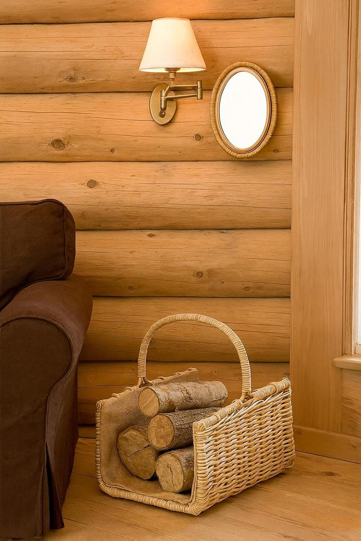 Kobolo Holztrage Holzkorb für Kaminholz eckig - aus grauem Rattan mit Jutefutter