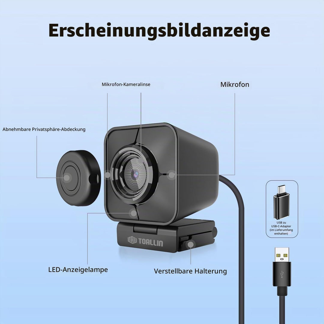 TOALLIN Ultra HD 4K Webcam mit Fernbedienung, Schneller PDAF-Autofokus, Zwei Mikrofone mit Rauschunt