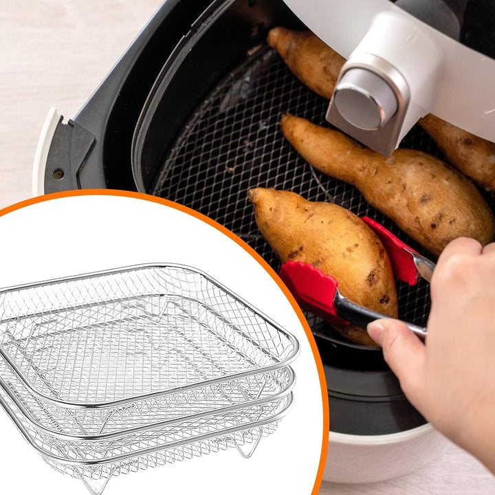 3 Stück Körbe Gitter für Heissluftfritteuse: 304 Edelstahl Air Fryer Racks mit 8 Silikonfüssen, Fryt
