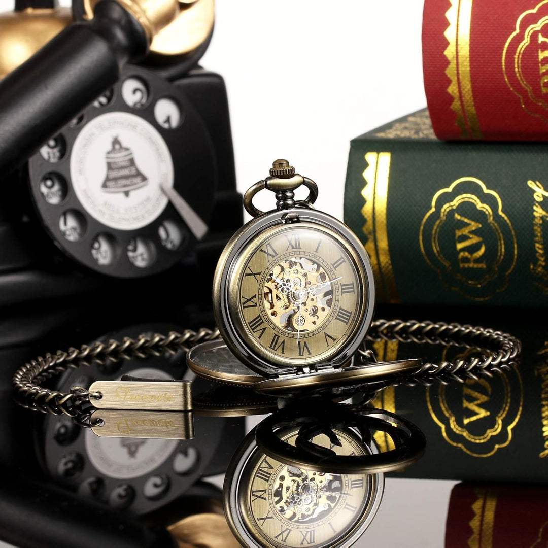 TREEWETO Unisex Taschenuhr Mechanisch Handaufzug Doppelter Abdeckung Rentier Hirsch Bronze Hohles Ge