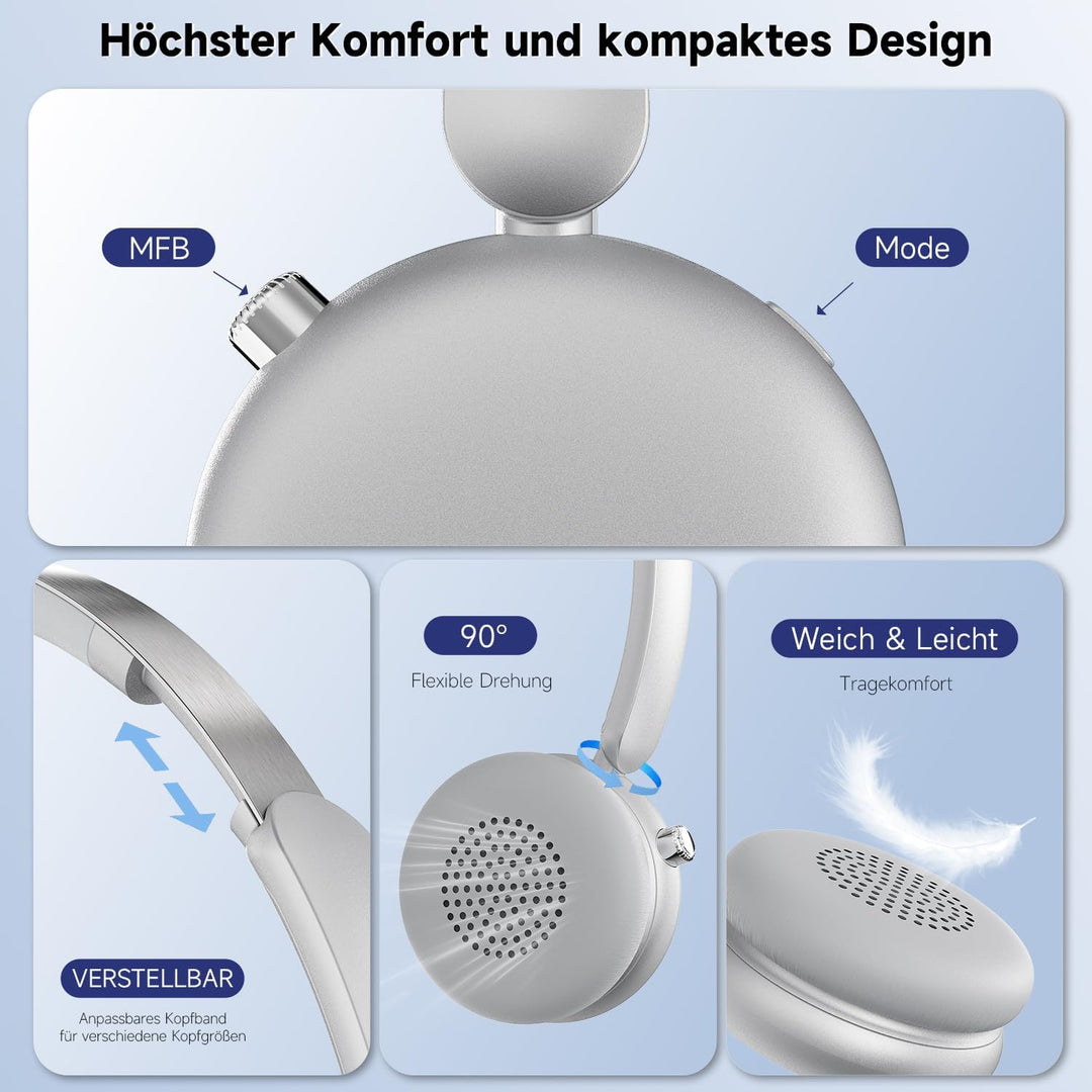 MiniGo Bluetooth Kopfhörer Over-Ear mit 80h Spielzeit, Noise Cancelling Kopfhörer Over Ear/ENC, Blue