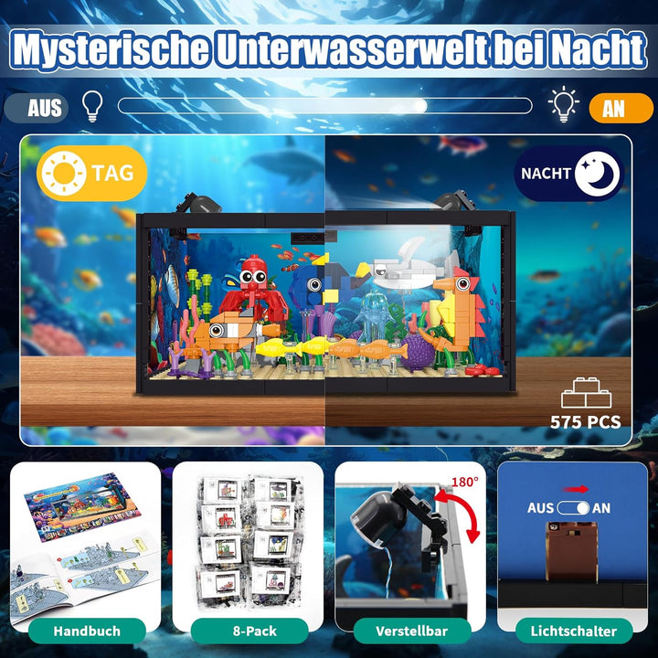 8-in-1 Aquarium Fish Tank Baustein mit LED Licht, einschliesslich Meeresquallen, Fischen, Tierbauspi