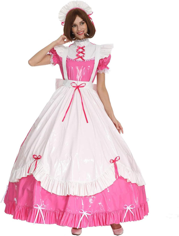 GOceBaby Frauen Sissy Dienstmädchen Gotisch Schleife Rosa PVC Verschliessbar Kleid Crossdress mit La