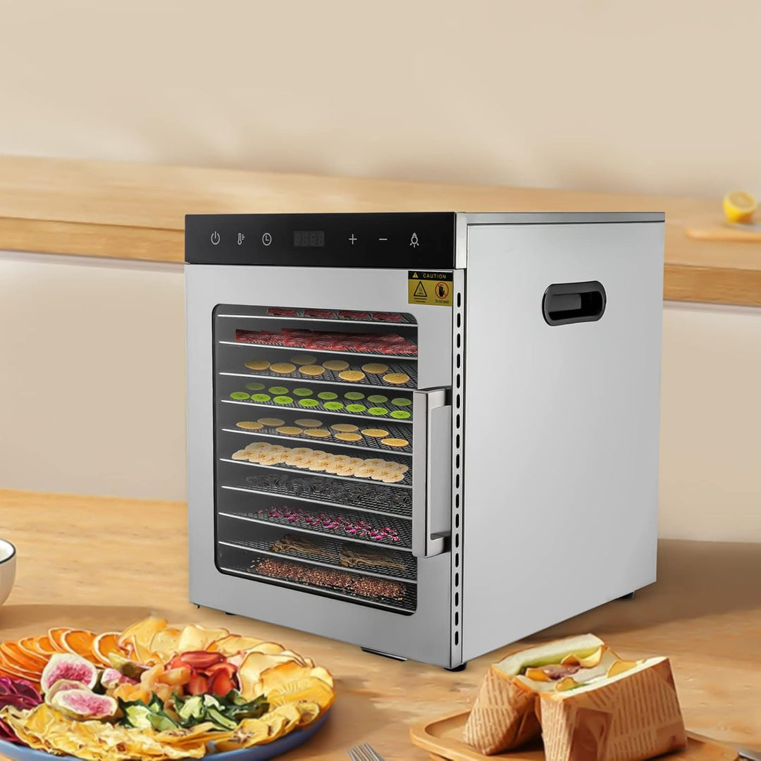 Dörrautomat Edelstahl mit 10 Edelstahlgitter, 800W Dörrgerät mit LED-Bedienfeld, 30-90℃ Temperaturei