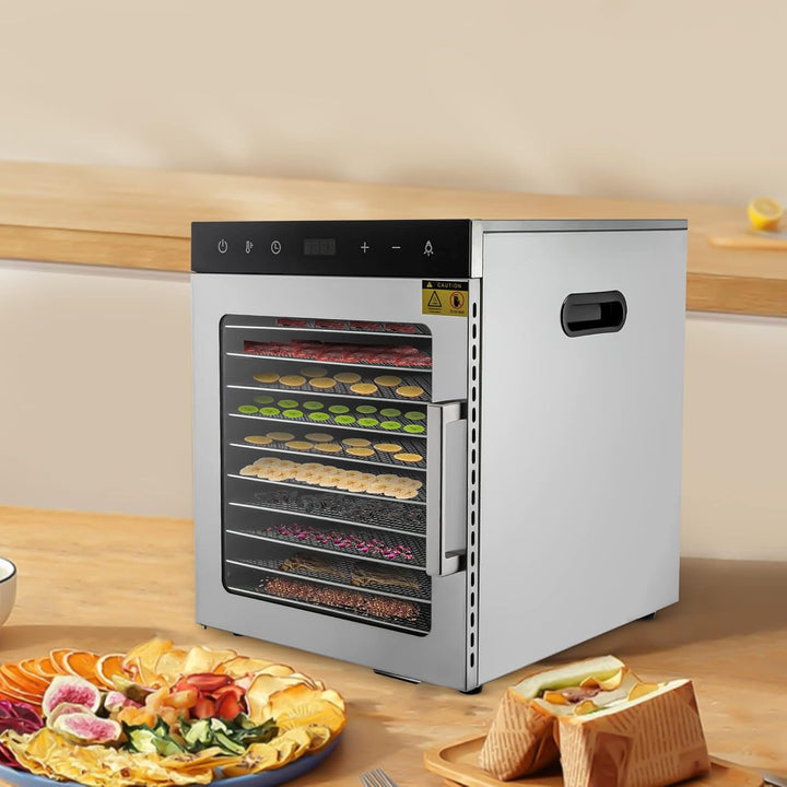 Dörrautomat Edelstahl mit 10 Edelstahlgitter, 800W Dörrgerät mit LED-Bedienfeld, 30-90℃ Temperaturei