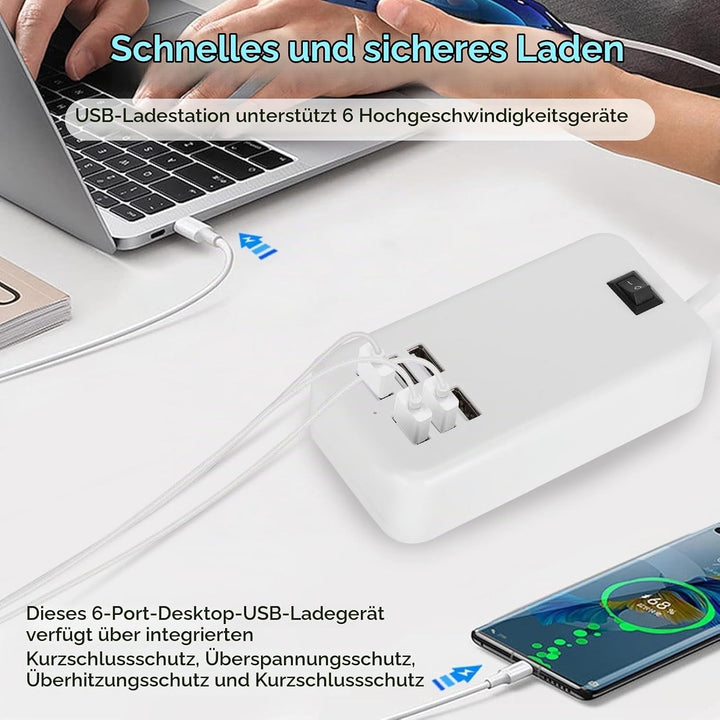 USB Ladestation, 30W 2A 100-240V USB Ladehub mit 6 Anschlüssen USB Ladeanschlüsse Überhitzungsschutz