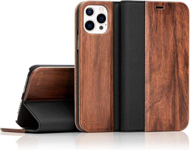 NALIA Echt-Holz Flipcase kompatibel mit iPhone 13 Pro Max Hülle, FSC zert. Natur Holzhülle mit Stand
